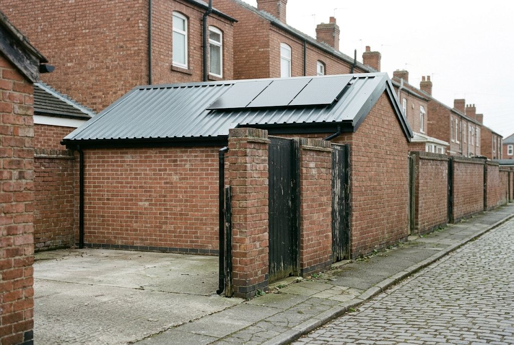 Brick garage in a cobbled alley with a new grey corrugated steel roof and solar panels