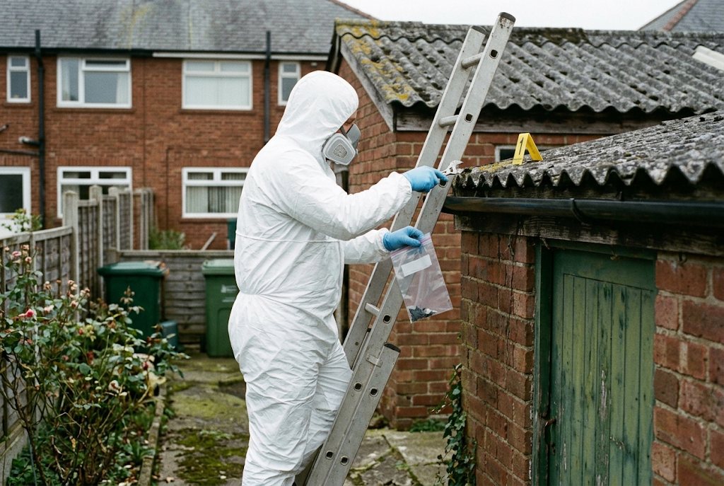 Operative on a ladder taking a sample from an old outbuilding roof behind terraced houses